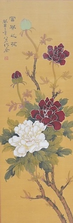 Chinese school, pair of silk panels decorated with chrysanthemums, signed with character and red seal marks, framed, overall 85 x 33cm. Condition - good